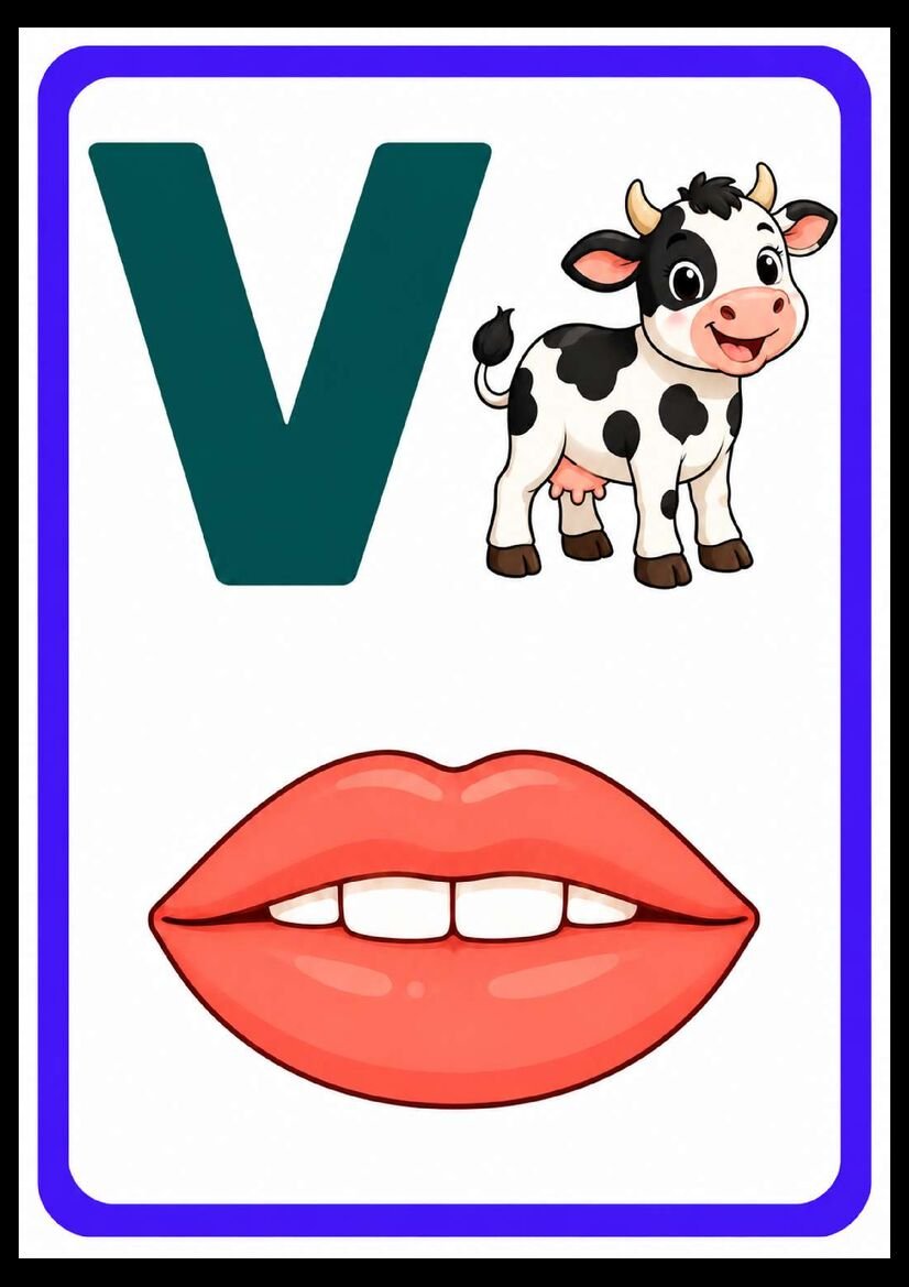 Alfabeto das boquinhas letra V com vaca malhada e dentes visíveis